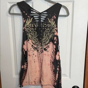 Affliction Black & Pink Lace-Up Bleach-Effect Graphic Tank